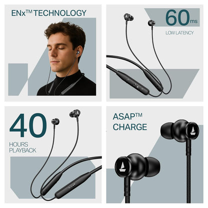Boat Rockerz 113, 40H Battery, Dual Pair, Fast Charge, ENx Tech, Stream Ad Free Music via App Support, Magnetic Buds, Bluetooth Neckband, Wireless with Mic in Ear Earphones (Active Black)